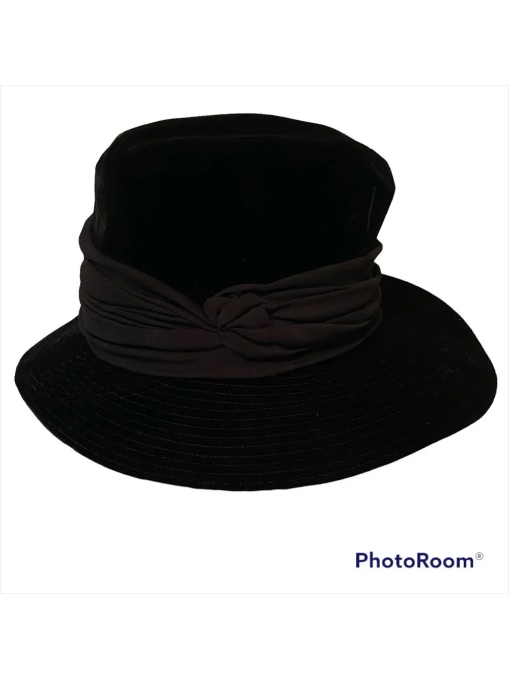BAMBERGER’S NEW JERSEY HAT VINTAGE BLACK VELVET CLOCHE RIBBON ASYMMETRICAL BRIM